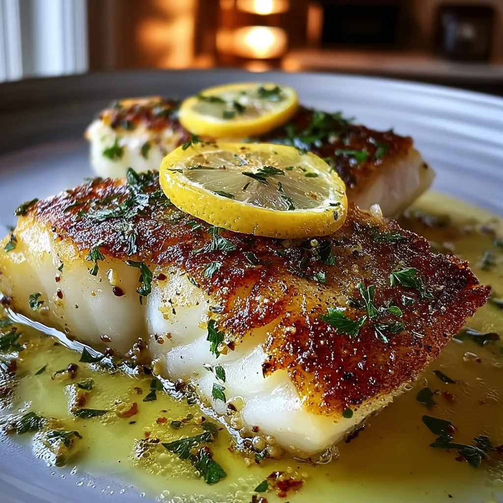 Fish with lemon and herbs on a plate.