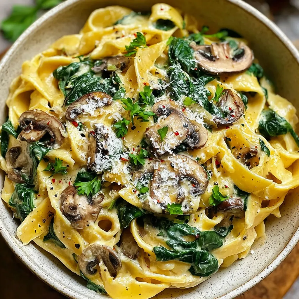 A bowl of pasta with mushrooms and spinach.
