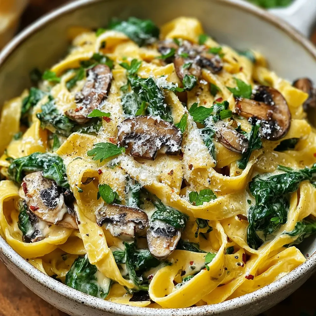 A bowl of pasta with mushrooms and spinach.