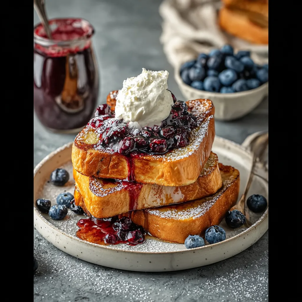 A stack of French toast with blueberries and whipped cream.