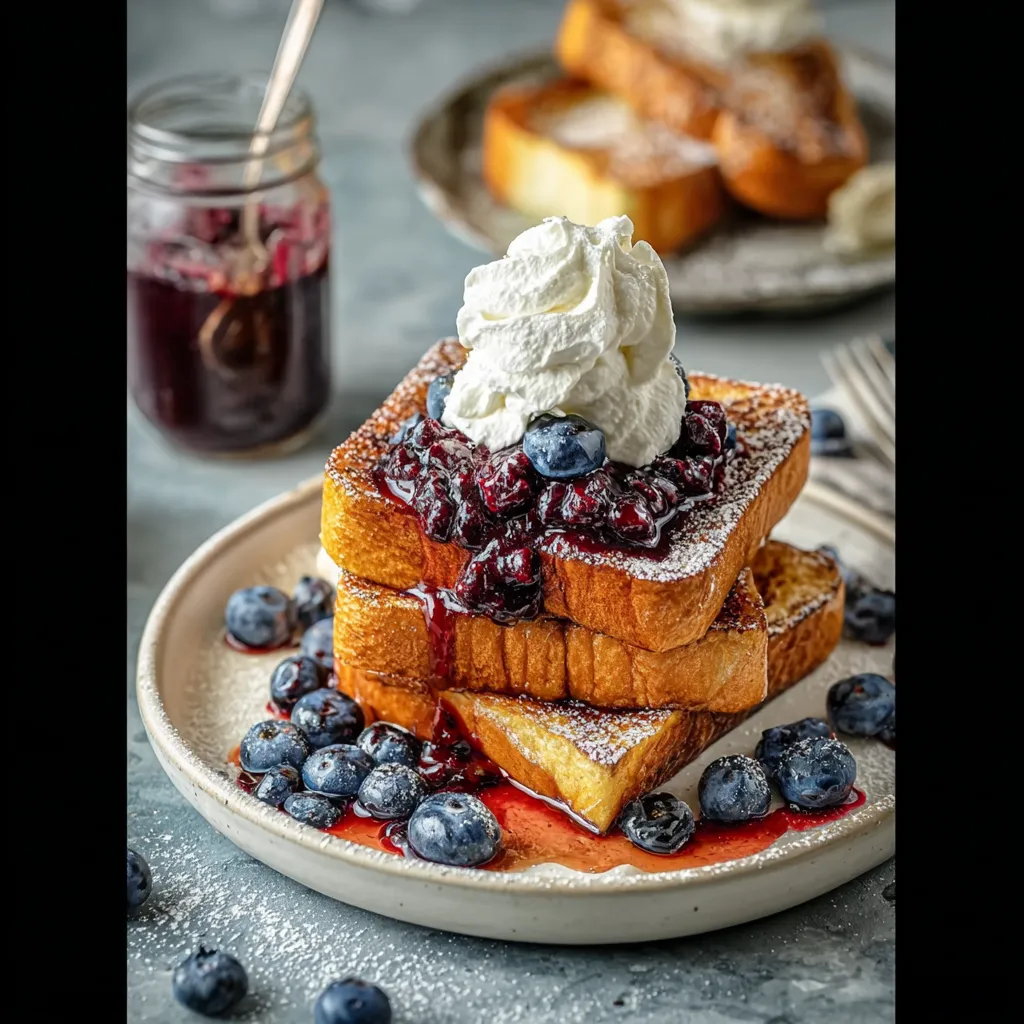 A plate of French toast with berries and whipped cream.