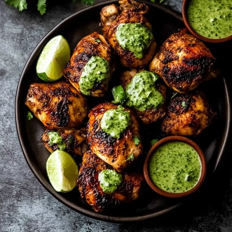 A plate of chicken with green sauce on it.