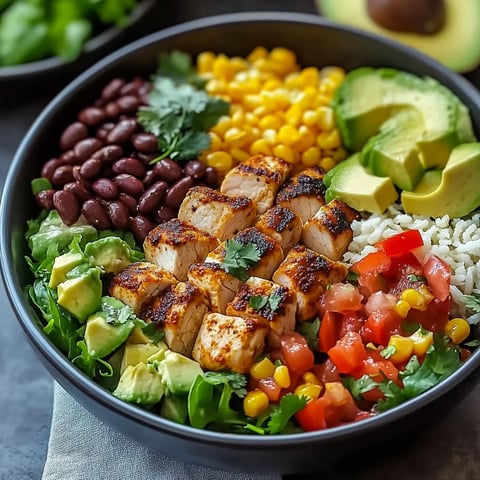 A bowl of food with chicken, beans, corn, tomatoes, and avocado.