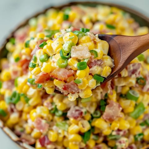A wooden spoon is used to scoop corn.