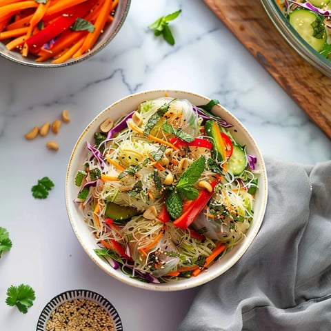 A bowl of vegetables with noodles and mint.