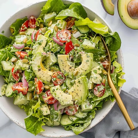 A bowl of salad with lettuce, tomatoes, and avocado.