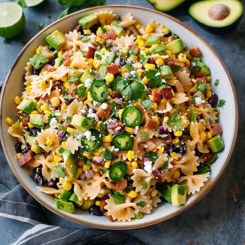 A bowl of pasta with corn and peppers.