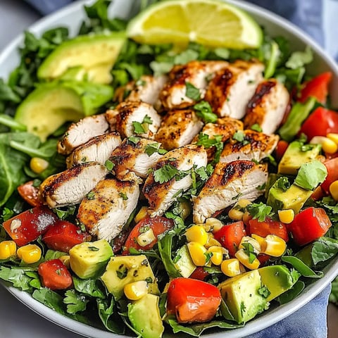 A bowl of food with chicken, avocado, lime, and tomato.