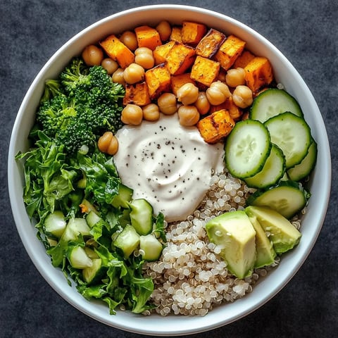 A bowl of food with cucumbers, broccoli, beans, and a dip.