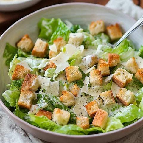 A bowl of salad with croutons and cheese.
