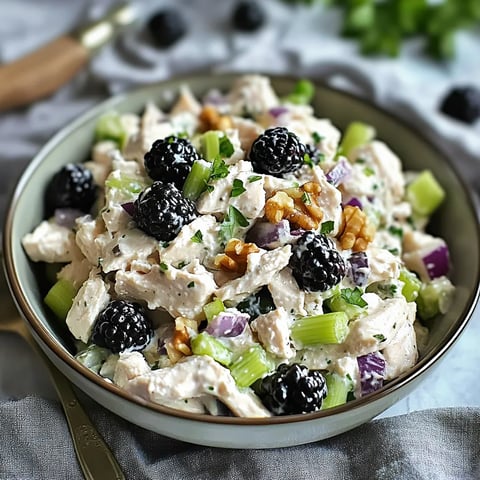 A bowl of food with chicken, blackberries, and green onions.