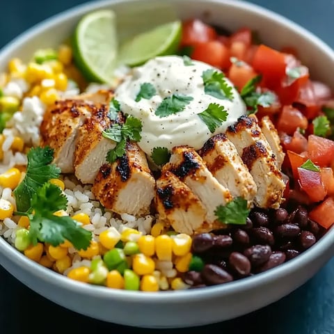 A bowl of food with rice, beans, corn, tomatoes, and lime.