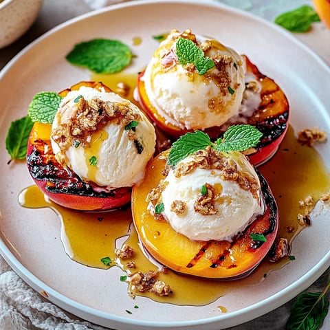 Peaches with ice cream and mint.