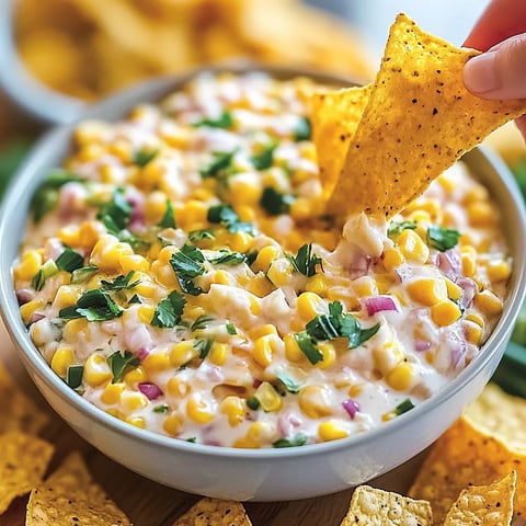 A person is grabbing a tortilla chip from a bowl of food.