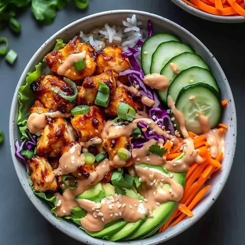 A bowl of food with rice, vegetables, and meat.