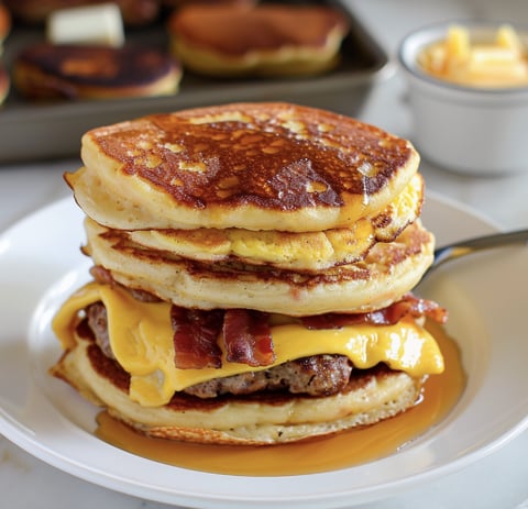A stack of pancakes with bacon and cheese.