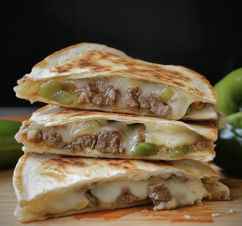 A stack of three quesadillas with peppers and cheese.