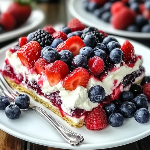 A slice of cake with strawberries and blueberries on top.