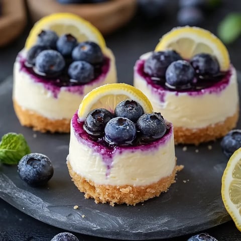 Three blueberry cheesecake desserts with lemon wedges on a plate.