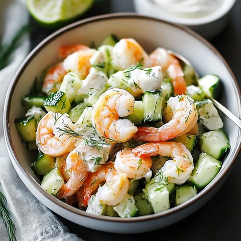 A bowl of shrimp salad with cucumbers and limes.