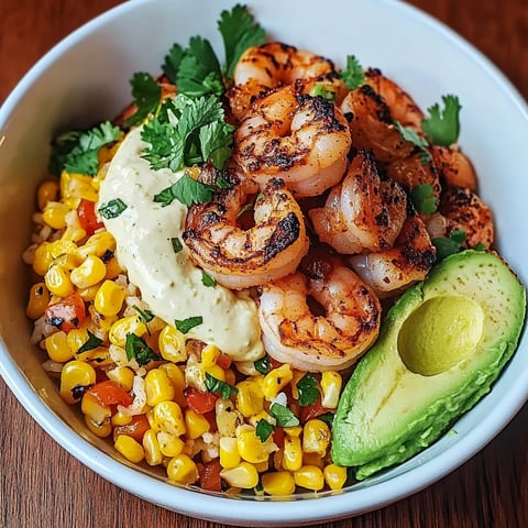 A bowl of food with shrimp, corn, and avocado.