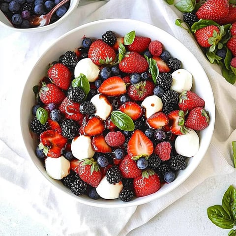 A bowl of fruit with strawberries and blueberries.